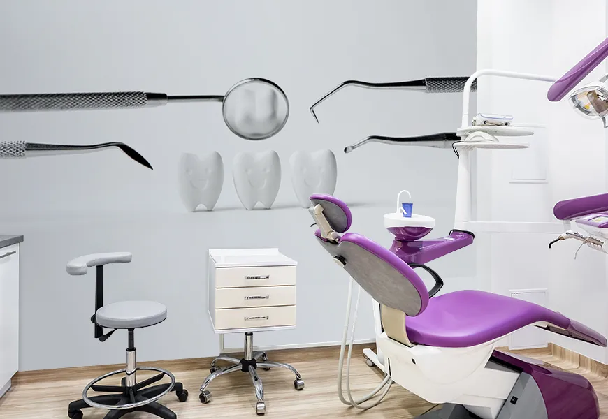 کاغذ دیواری سه بعدی مطب دندانپزشکی طرح ابزاردندانپزشکی